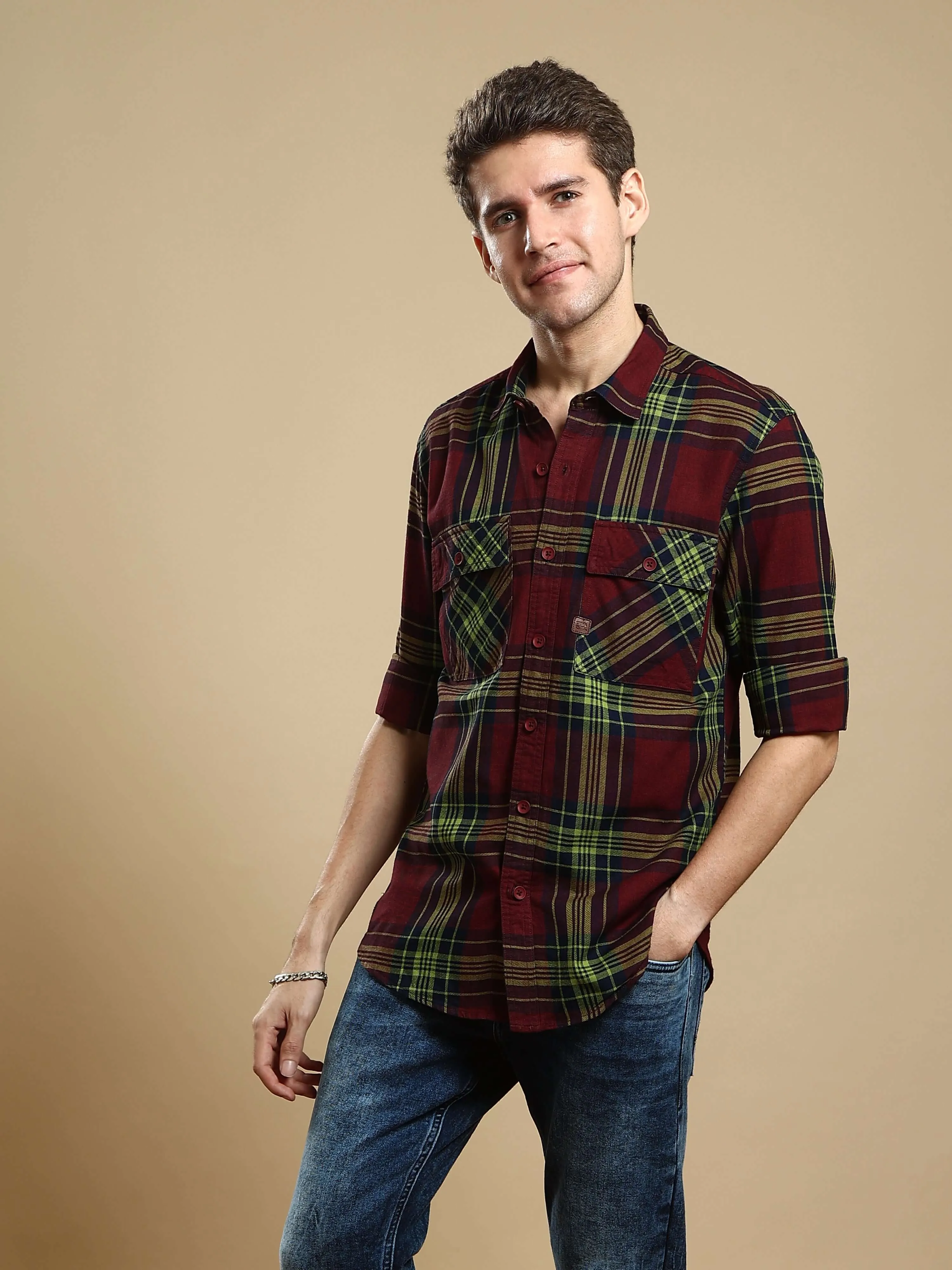 Maroon check casual full sleeve shirt