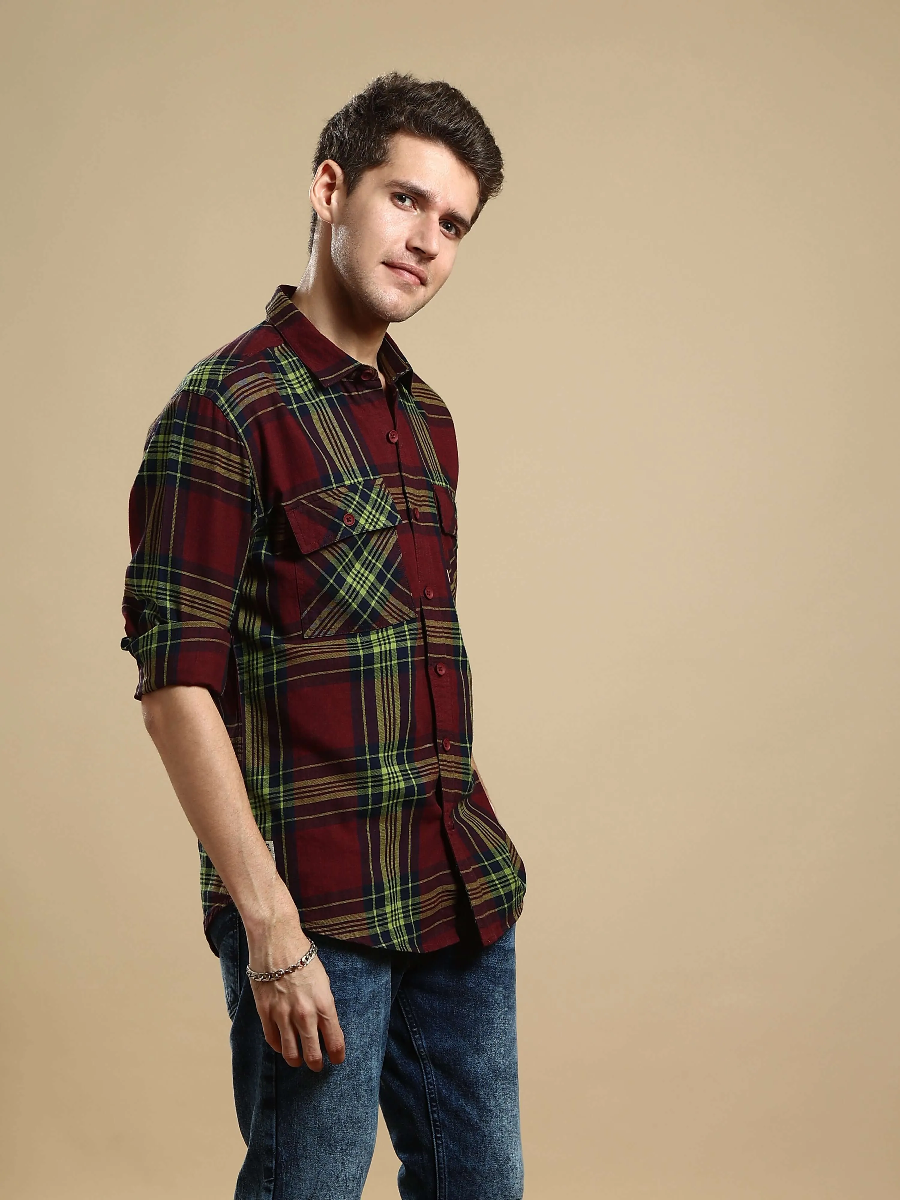 Maroon check casual full sleeve shirt