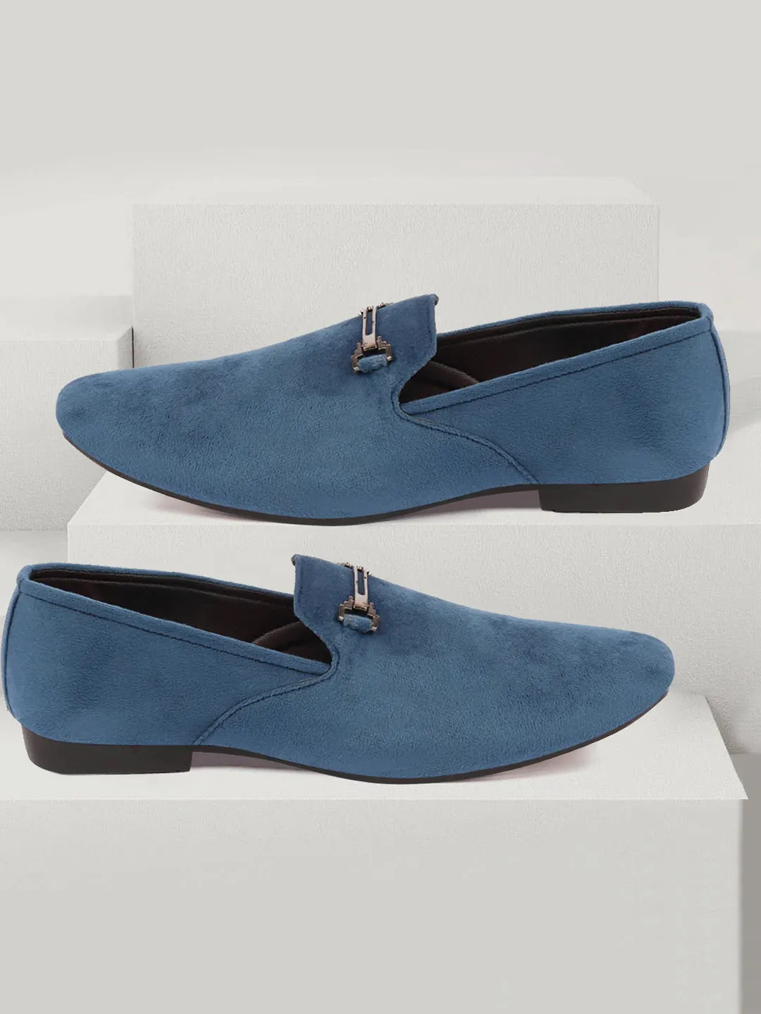 Men Blue Casual Velvet Slip-On Loafers