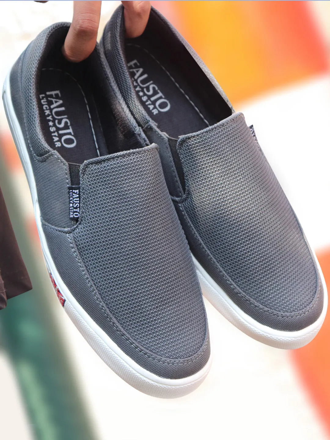 Men Grey Casual Canvas Slip-On Loafers