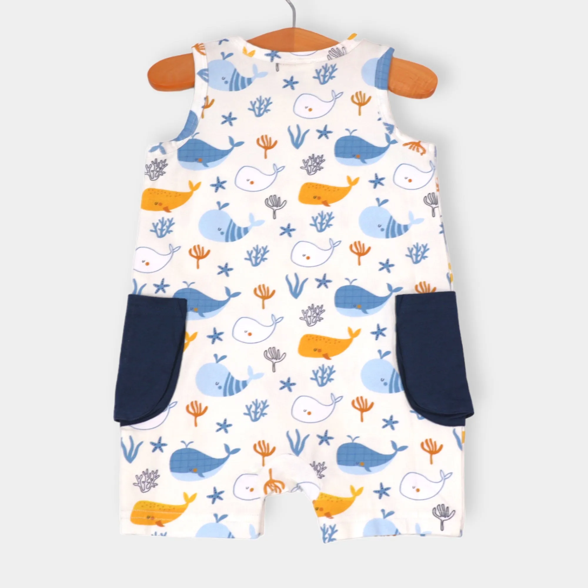 Ocean Whales Side Pocket Sleeveless Baby Romper (Organic)