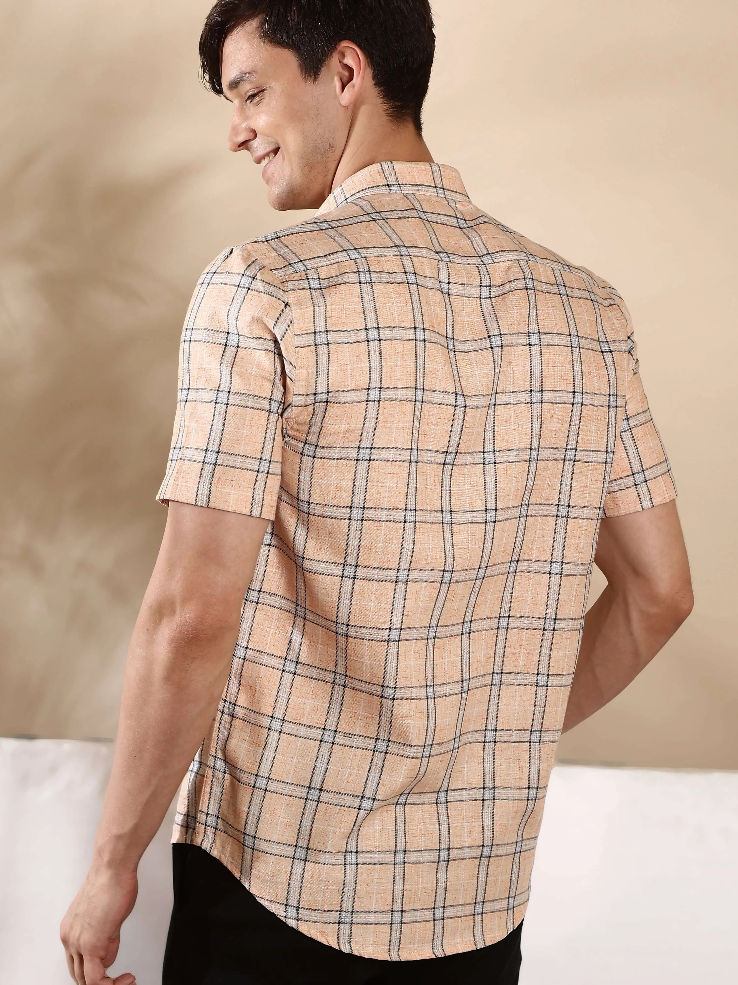 Orange casual check half sleeves shirt