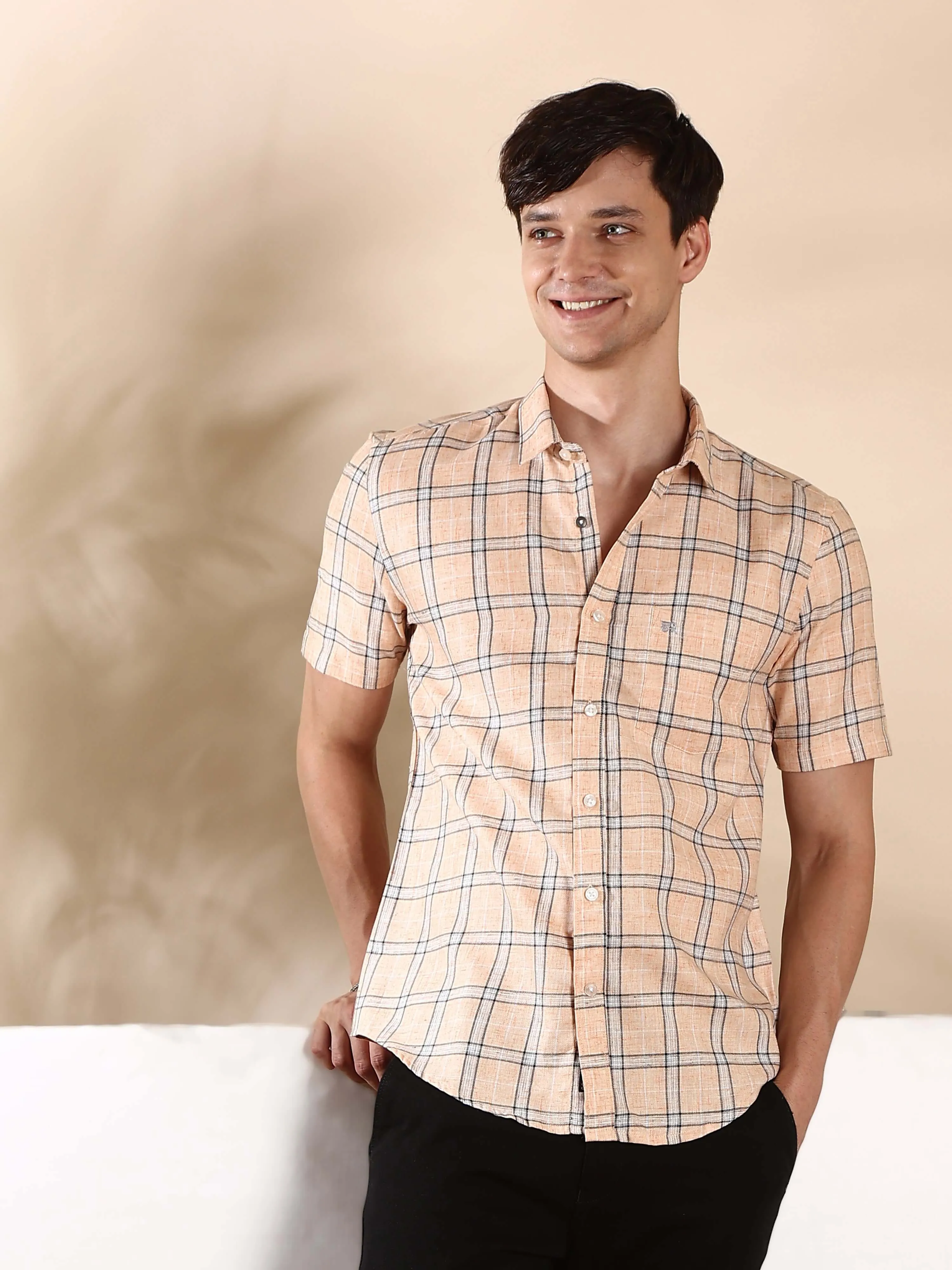 Orange casual check half sleeves shirt