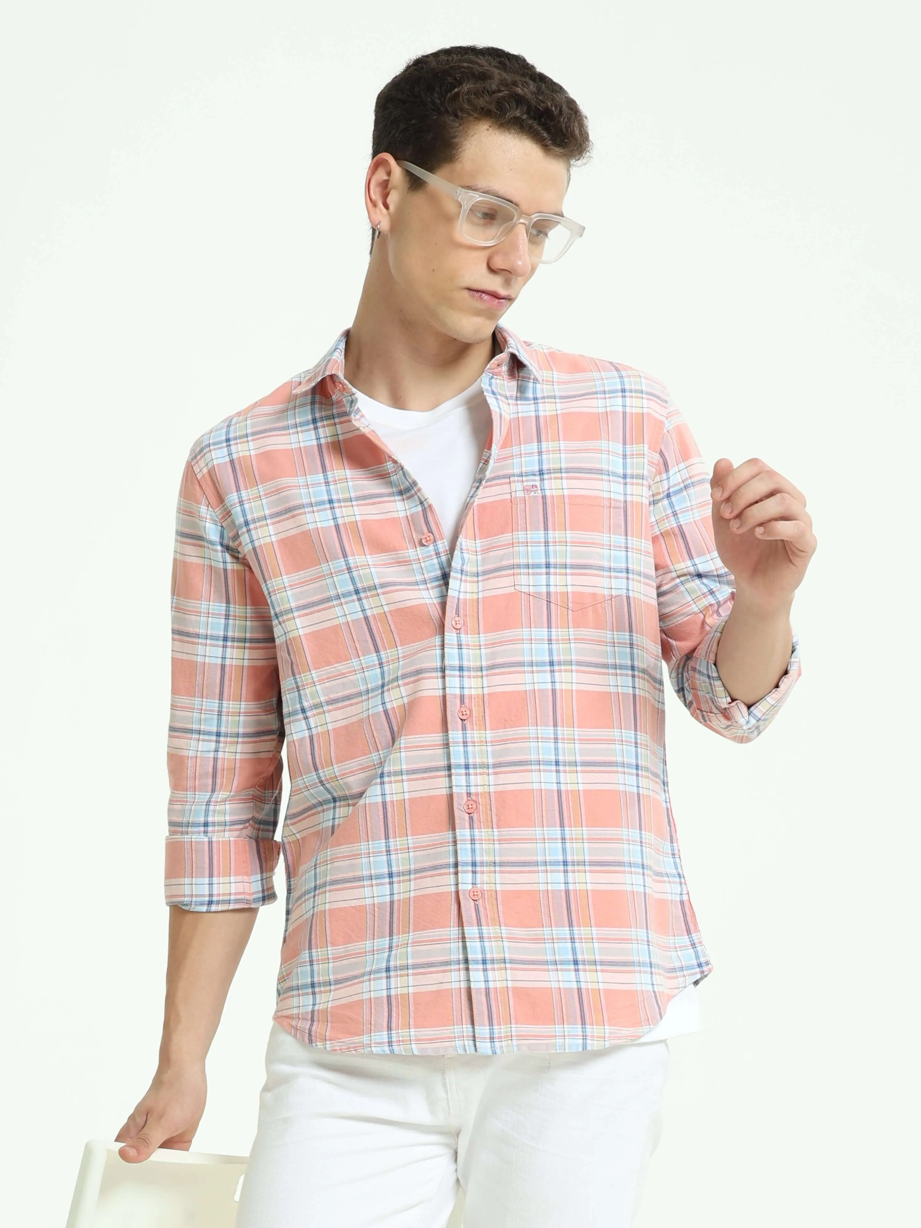 Pink off-blue casual check shirt