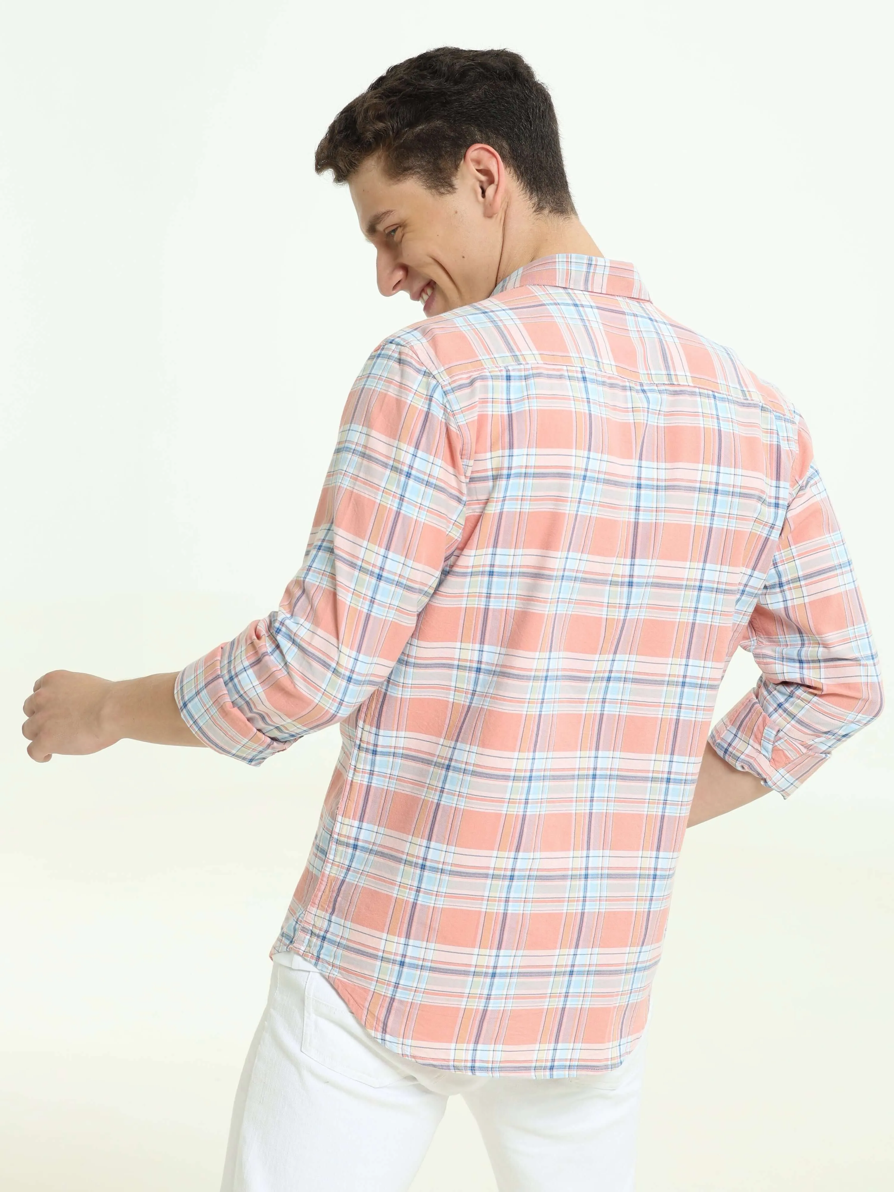 Pink off-blue casual check shirt