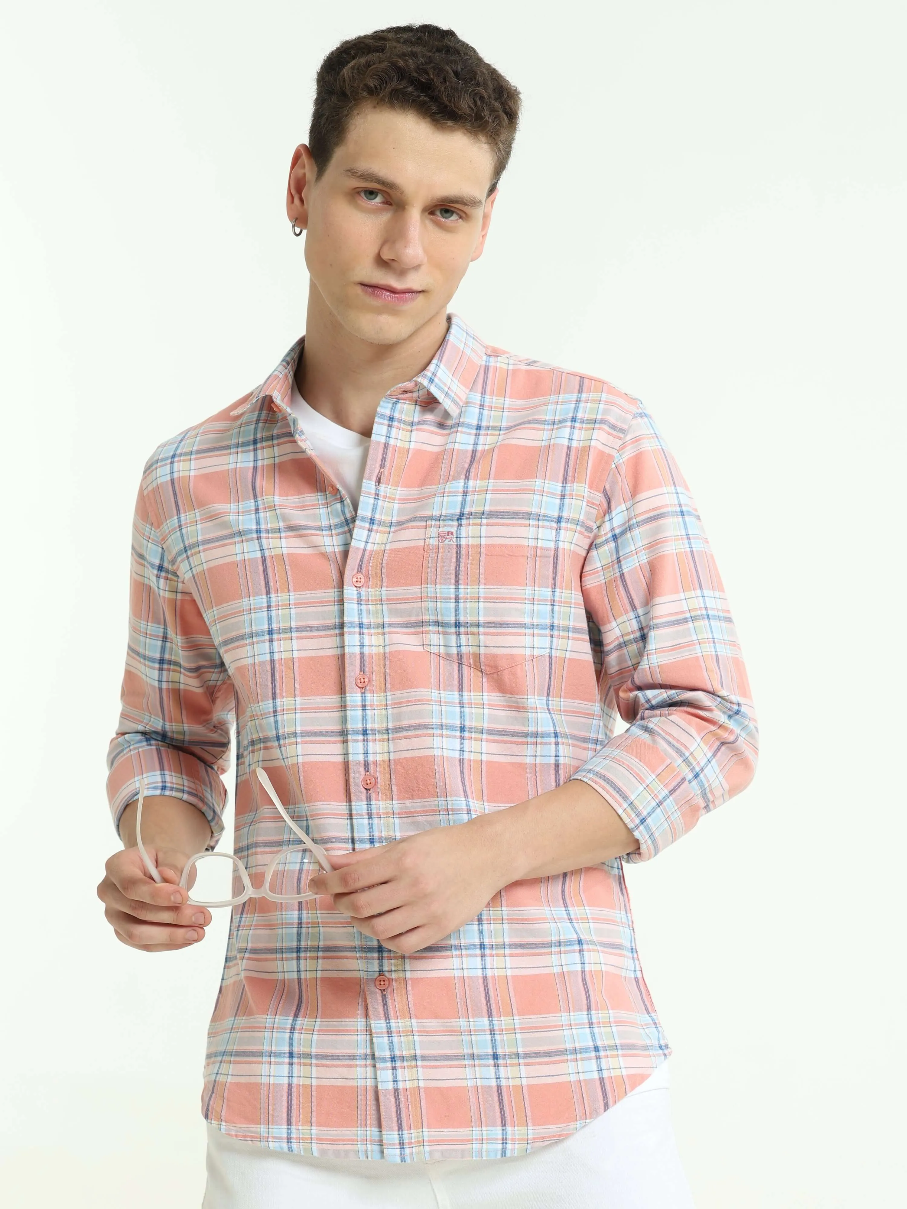 Pink off-blue casual check shirt