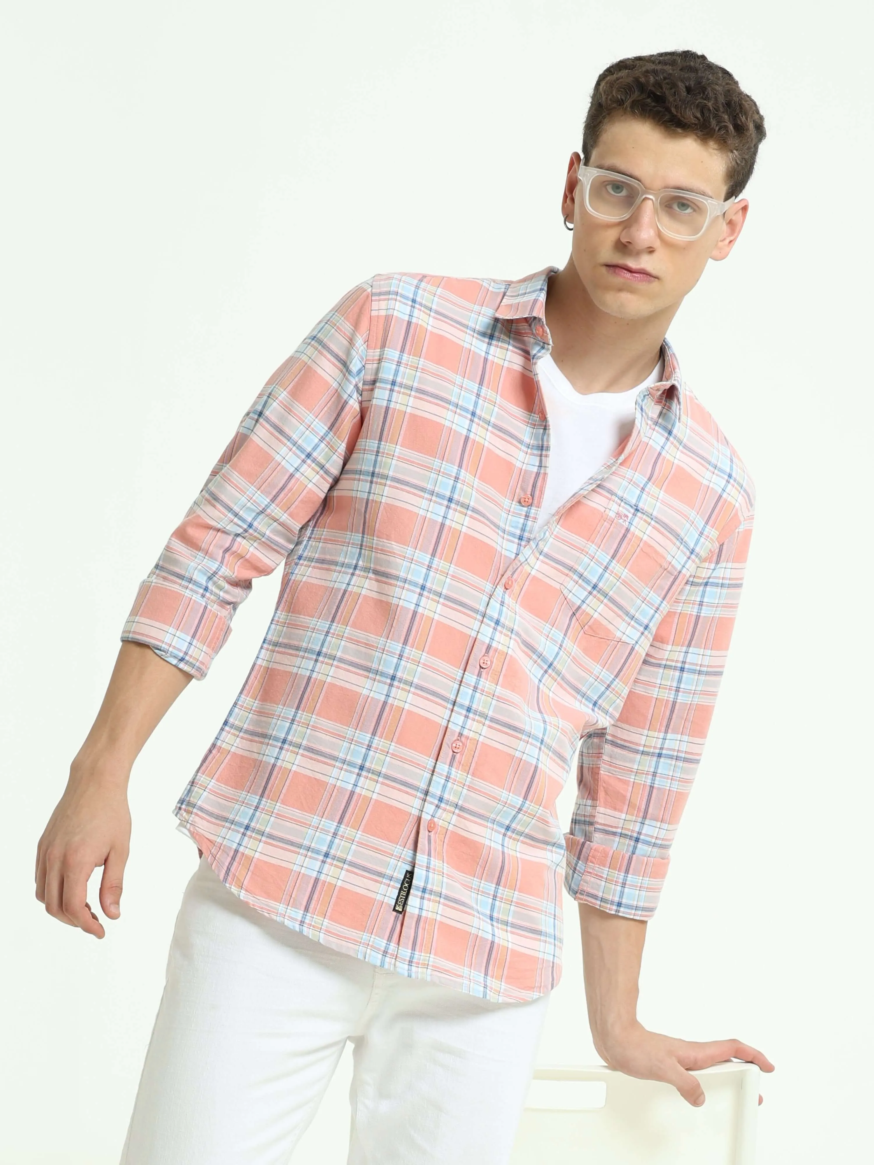 Pink off-blue casual check shirt