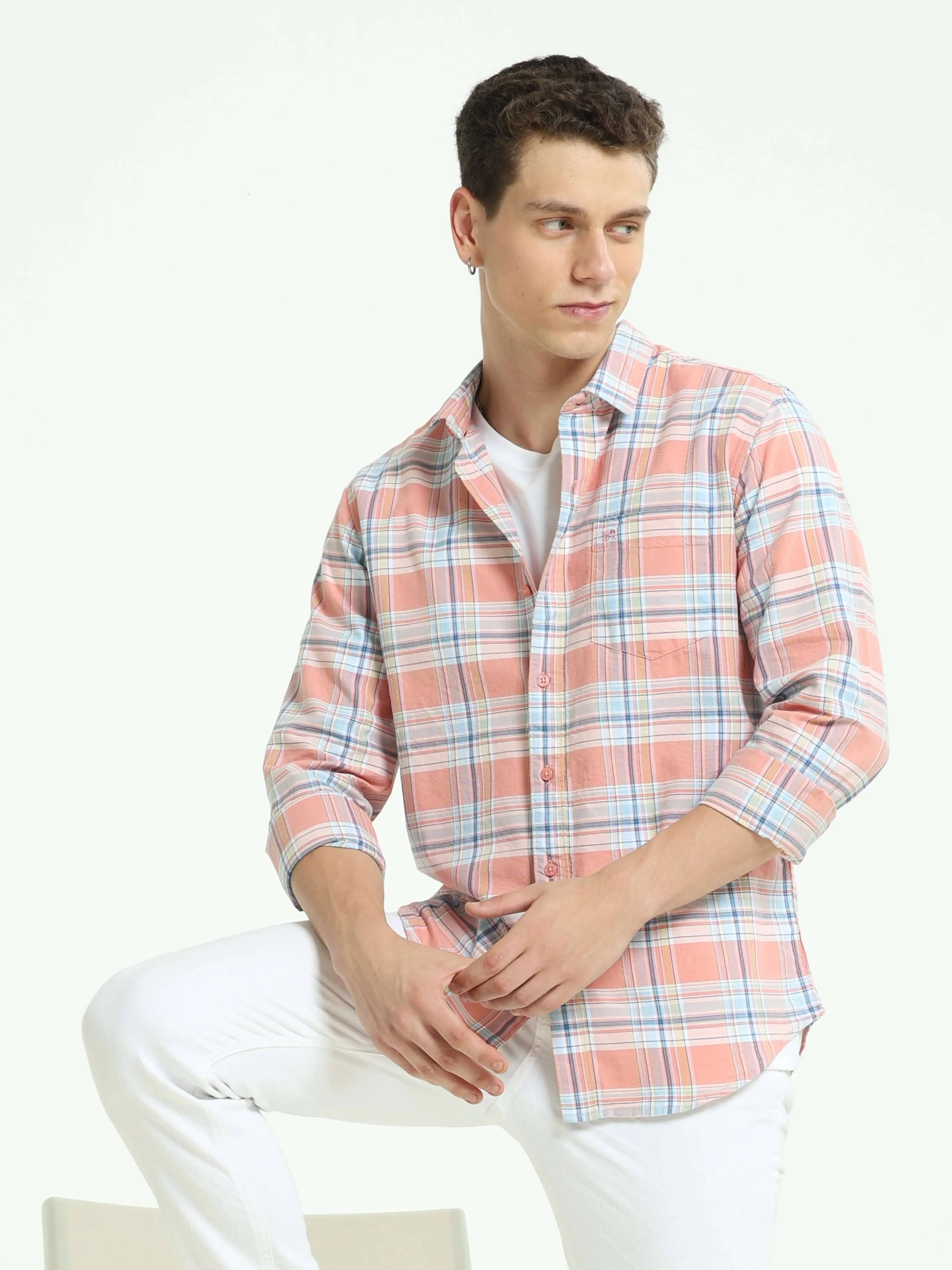 Pink off-blue casual check shirt