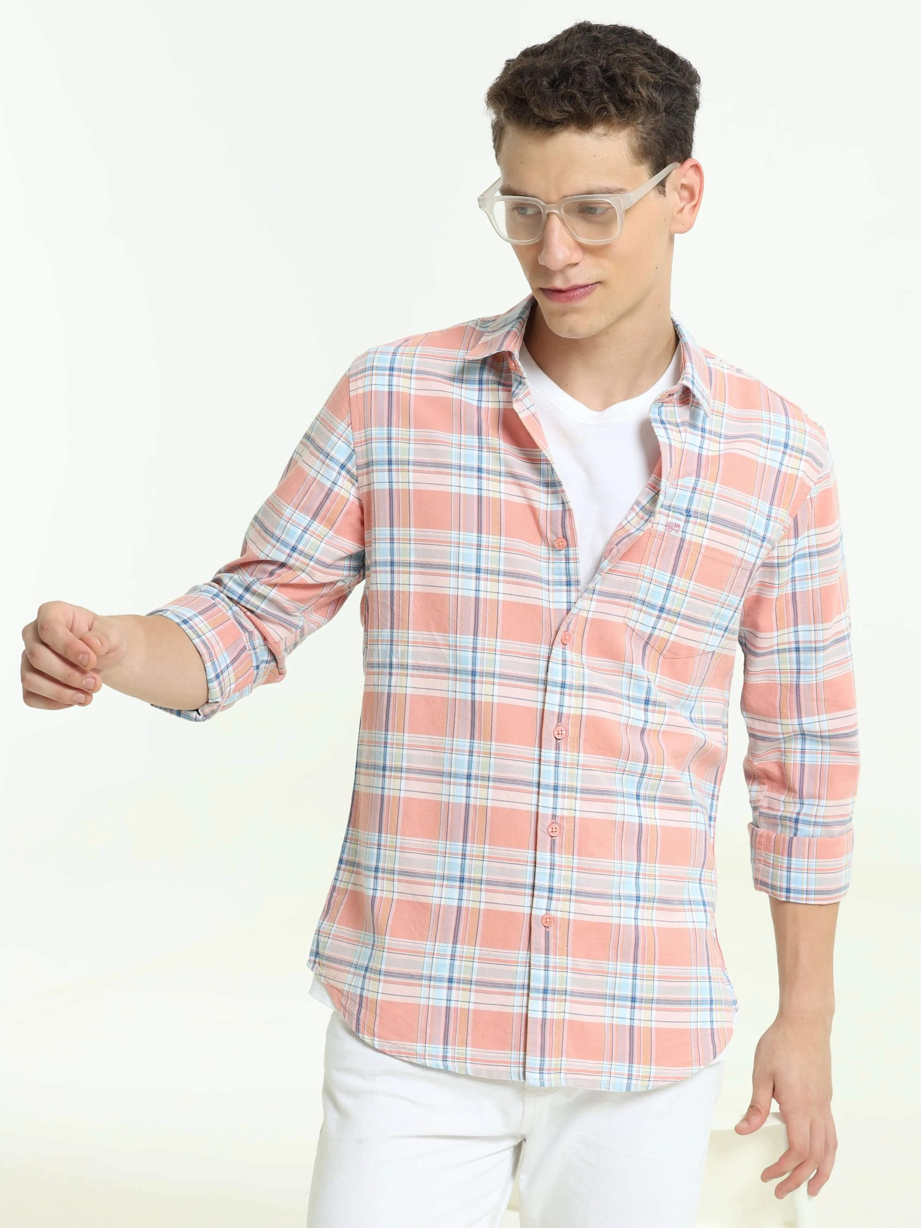 Pink off-blue casual check shirt