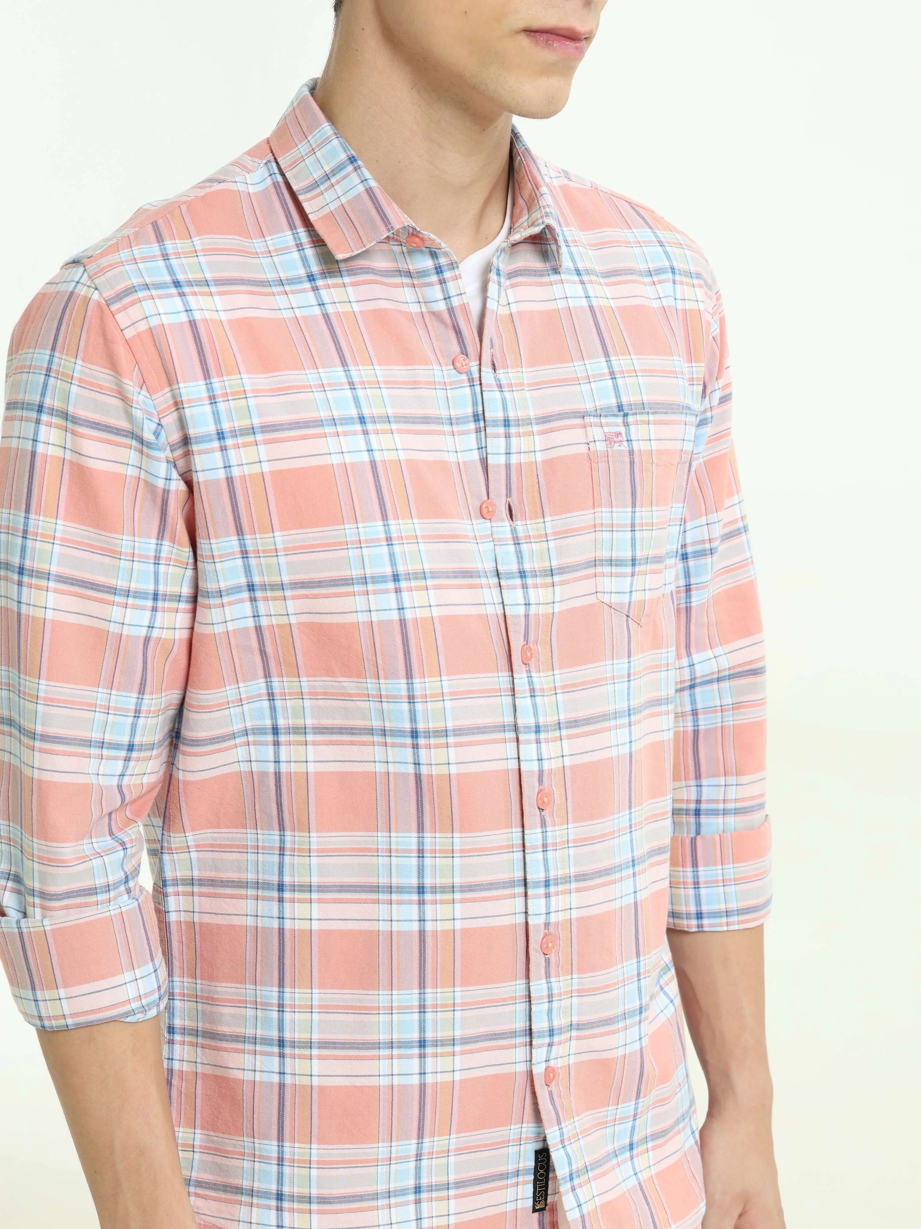 Pink off-blue casual check shirt