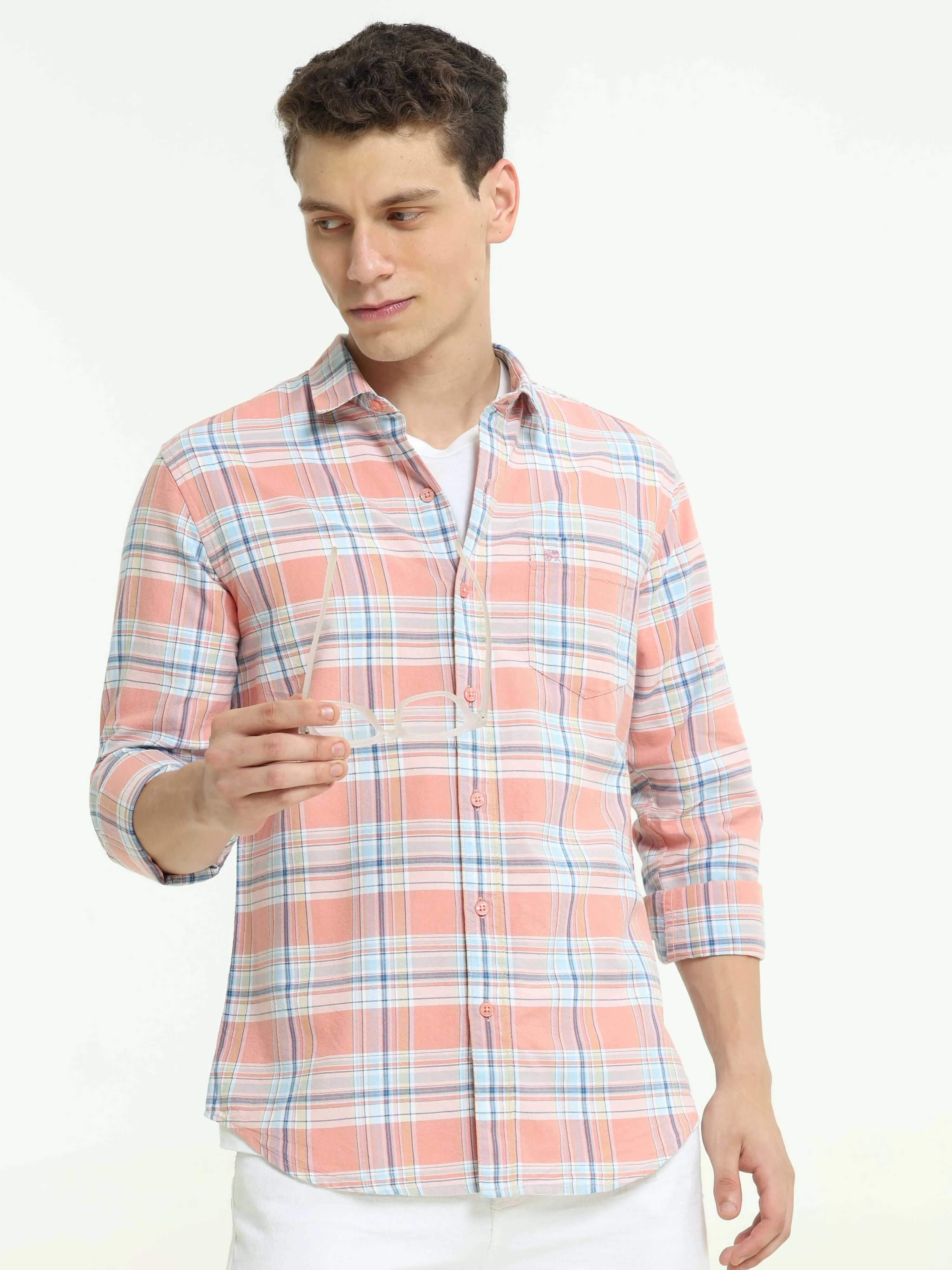 Pink off-blue casual check shirt