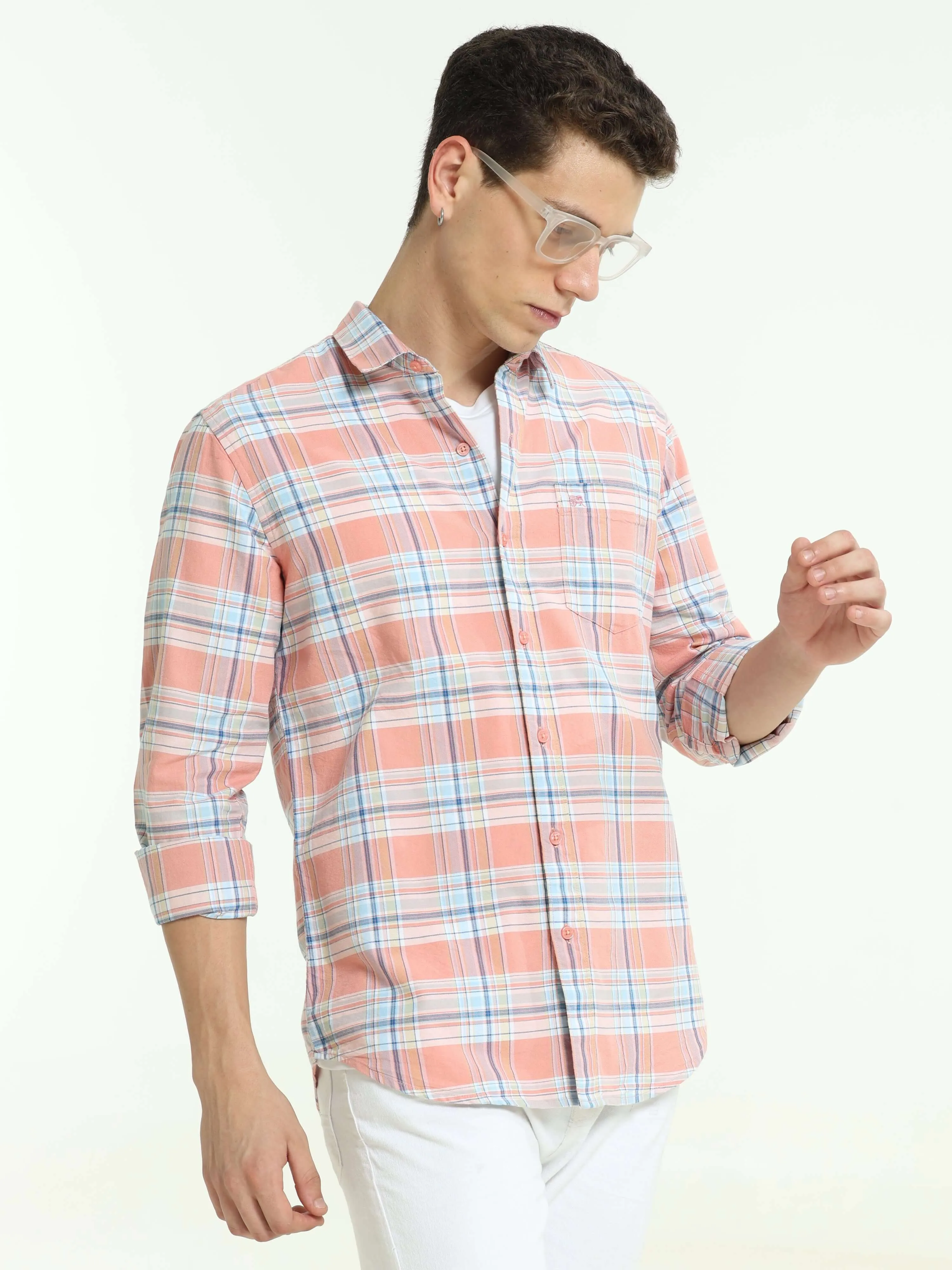 Pink off-blue casual check shirt