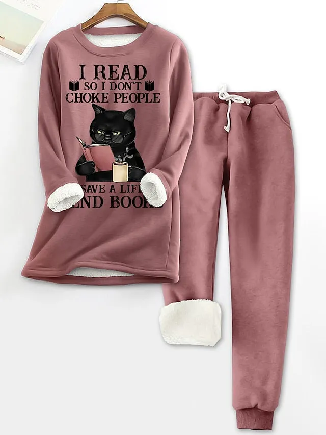 Pink Women's Cozy Cat Print Fleece Pajama Lounge Set