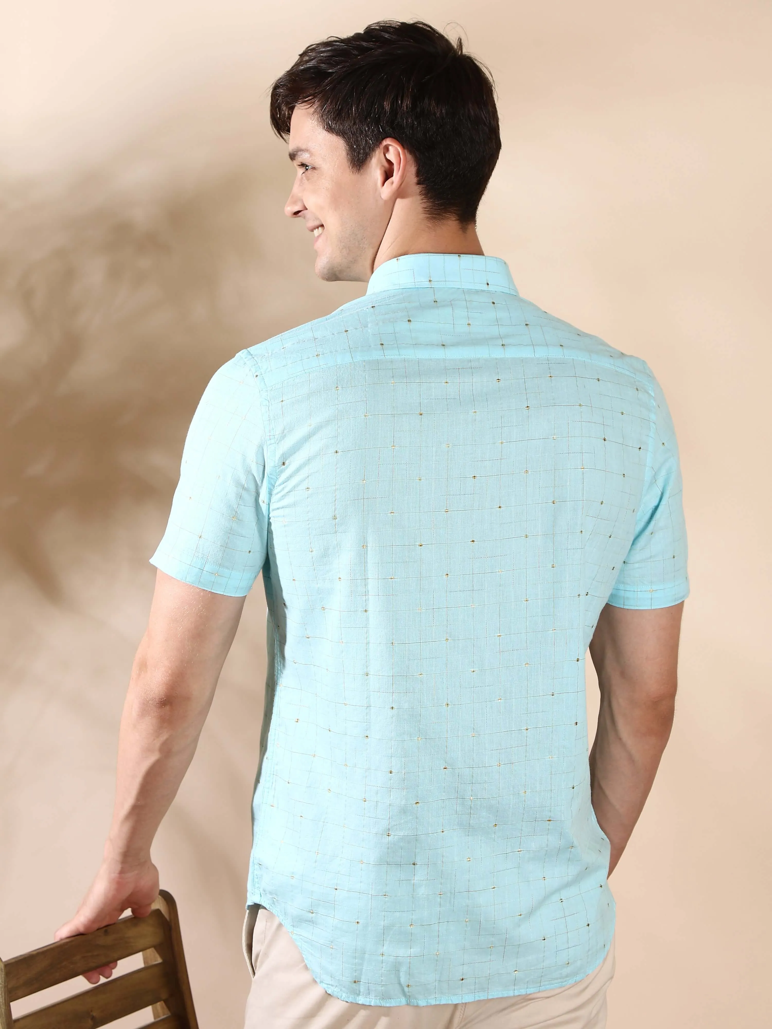 Sky blue casual check half sleeves shirt