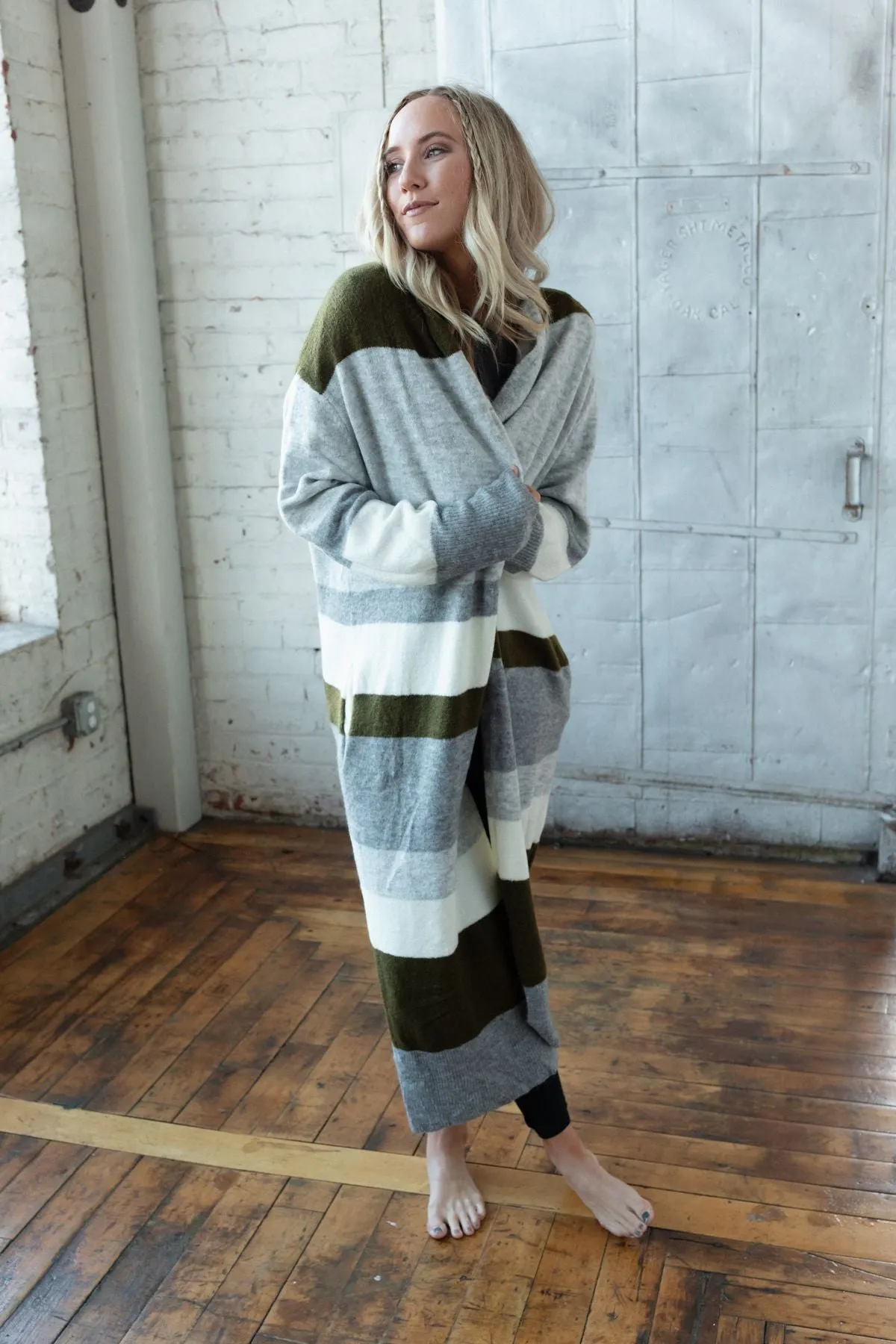 So Cozy Oversized Striped Knit Duster - Olive Multi