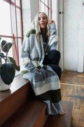 So Cozy Oversized Striped Knit Duster - Olive Multi