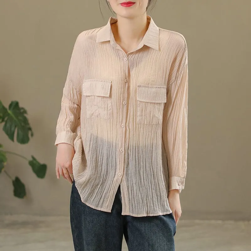 Spring Casual Solid Pleated Linen Blouse