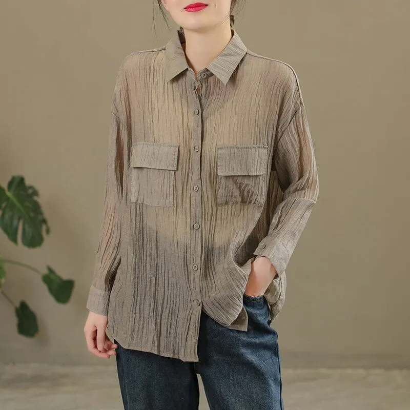 Spring Casual Solid Pleated Linen Blouse