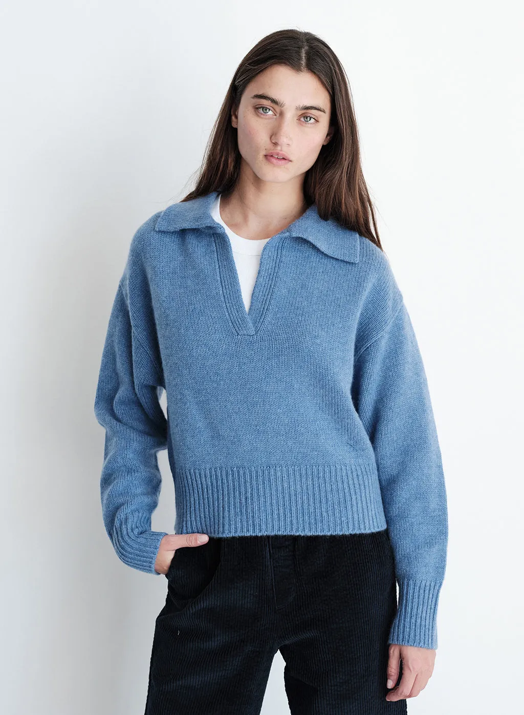 Stateside Cozy Cashmere Blend Johnny Collar Sweater in Denim