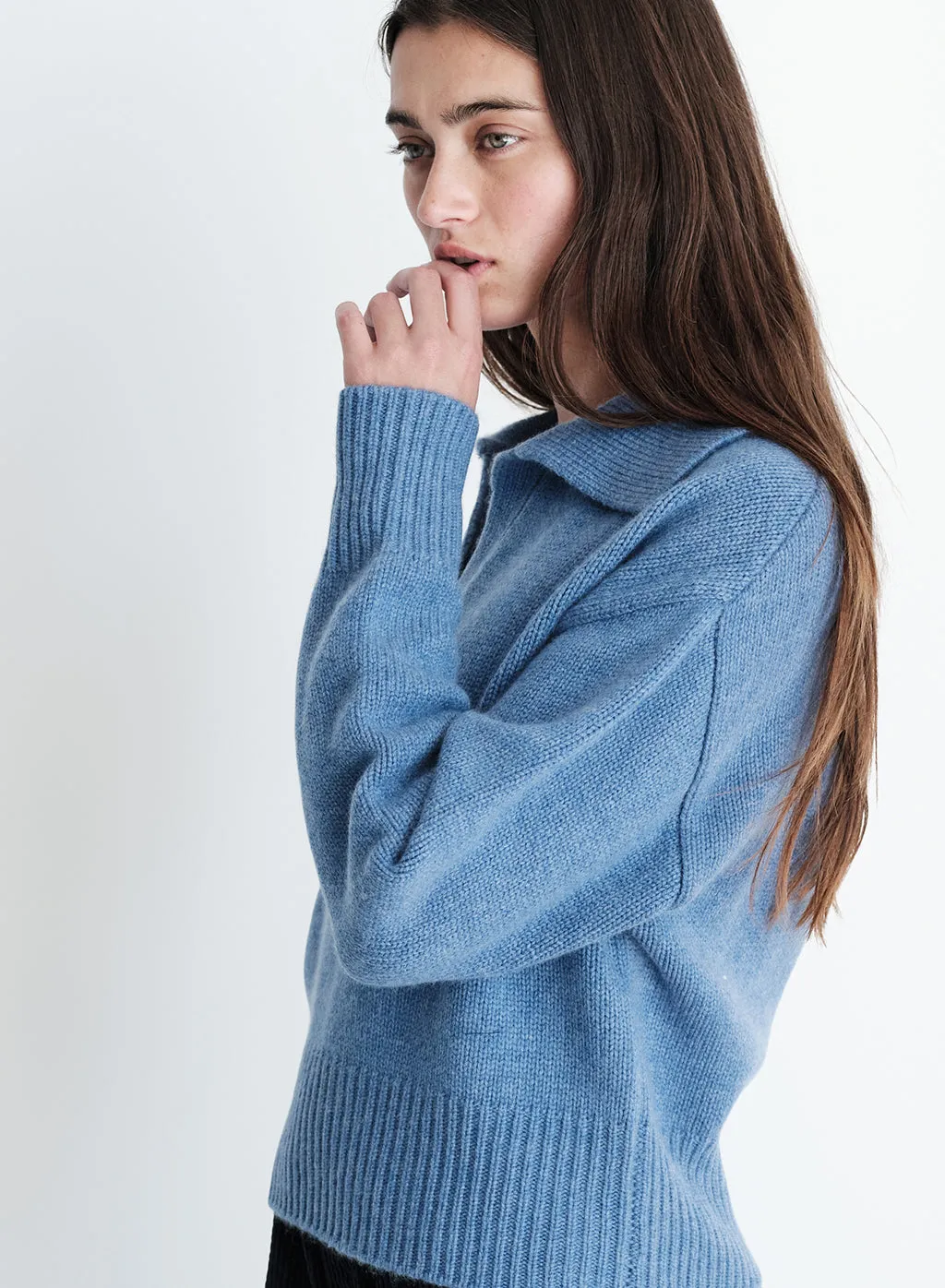 Stateside Cozy Cashmere Blend Johnny Collar Sweater in Denim