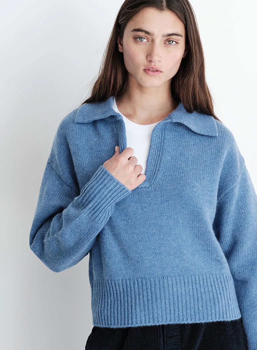 Stateside Cozy Cashmere Blend Johnny Collar Sweater in Denim