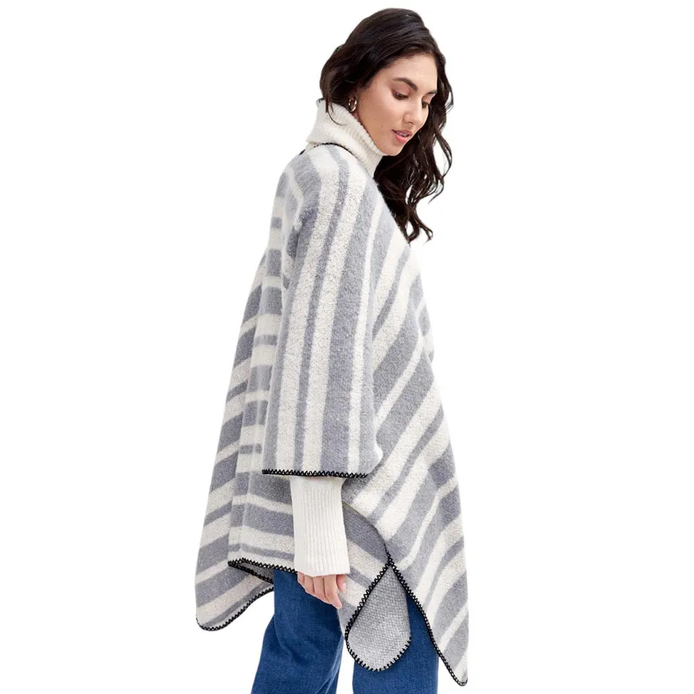 Striped Cozy Two Tone Knit Kimono Poncho