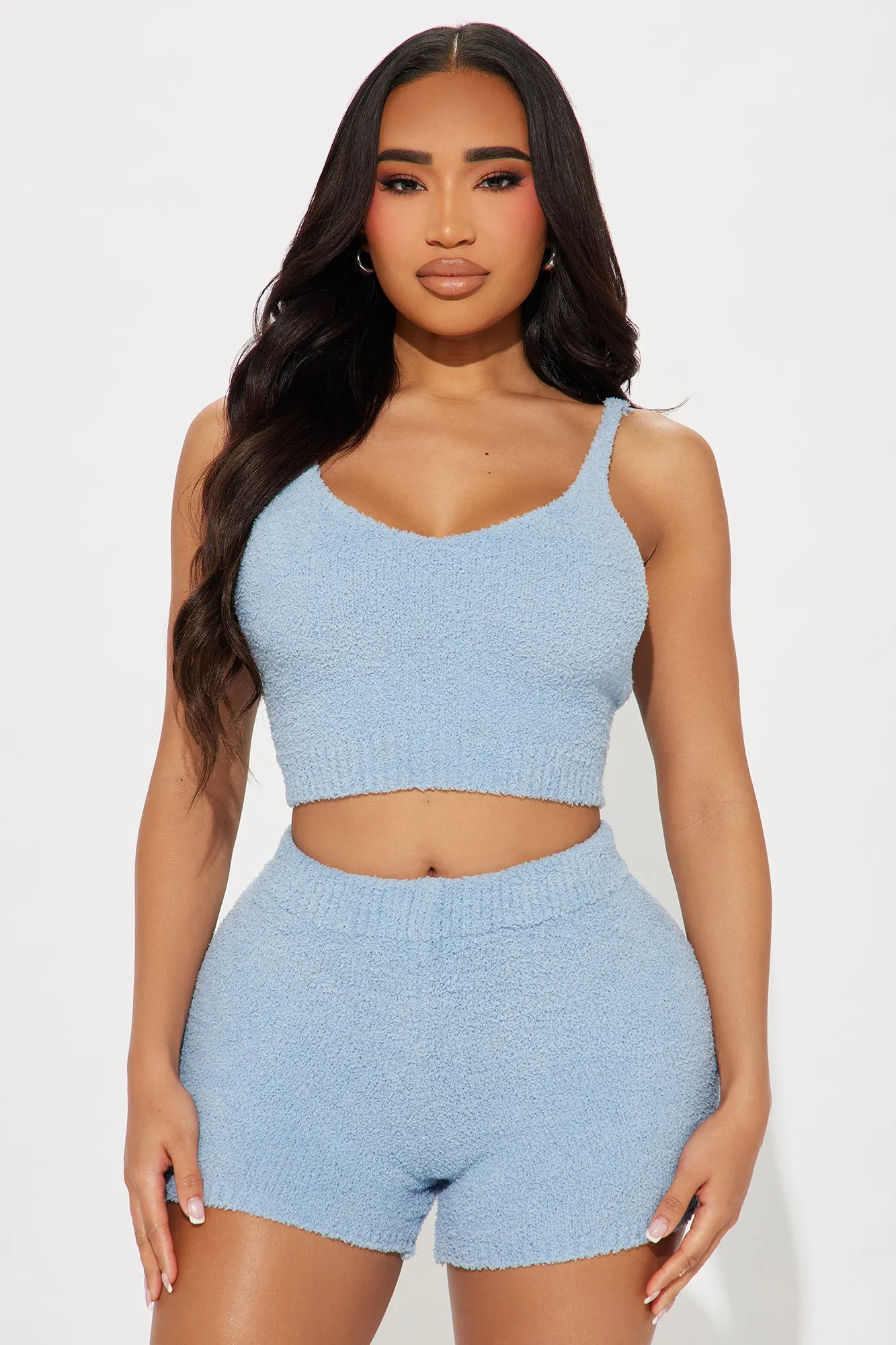 Unbothered Mood Cozy Short Set - Light Blue