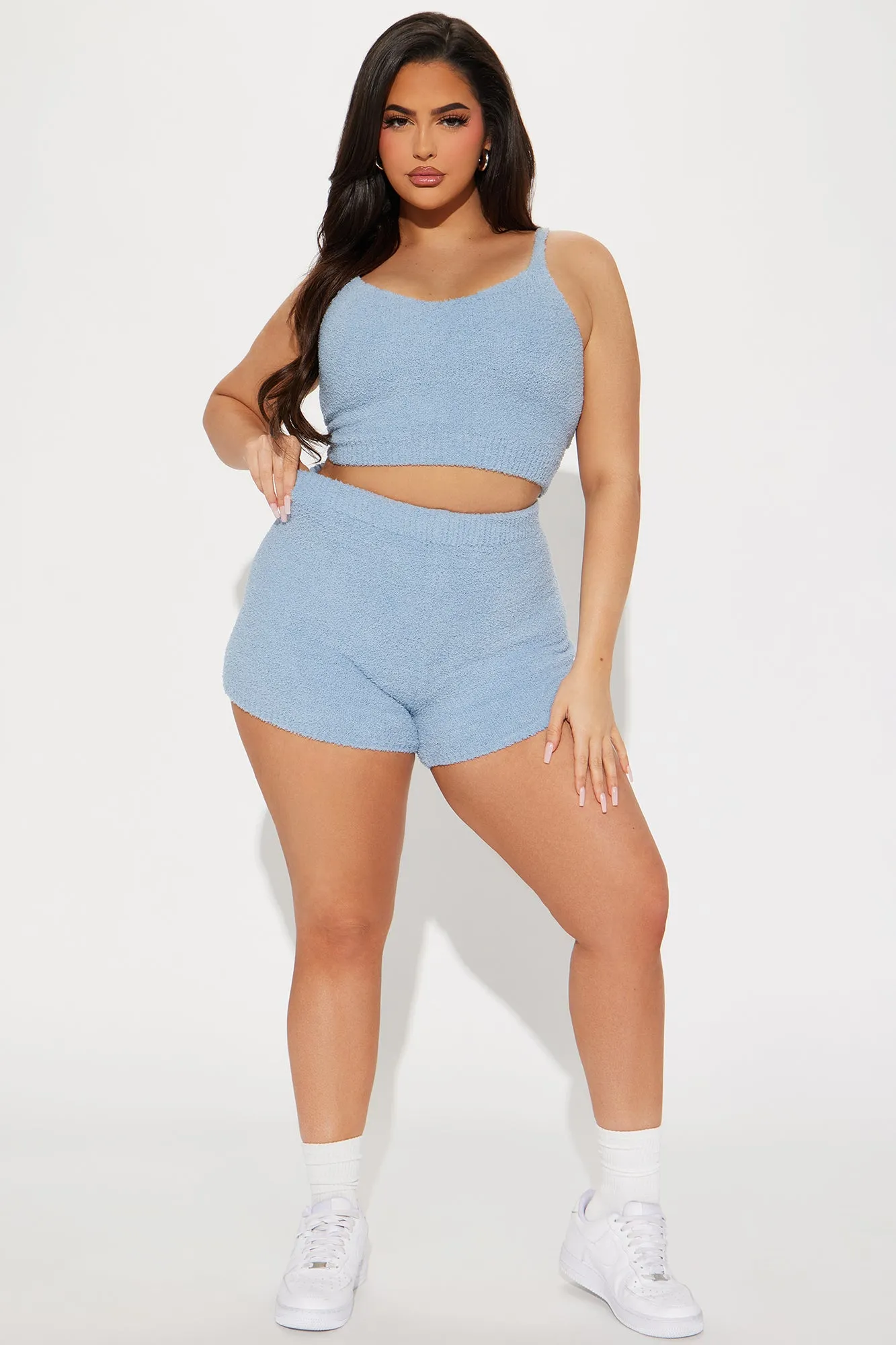 Unbothered Mood Cozy Short Set - Light Blue