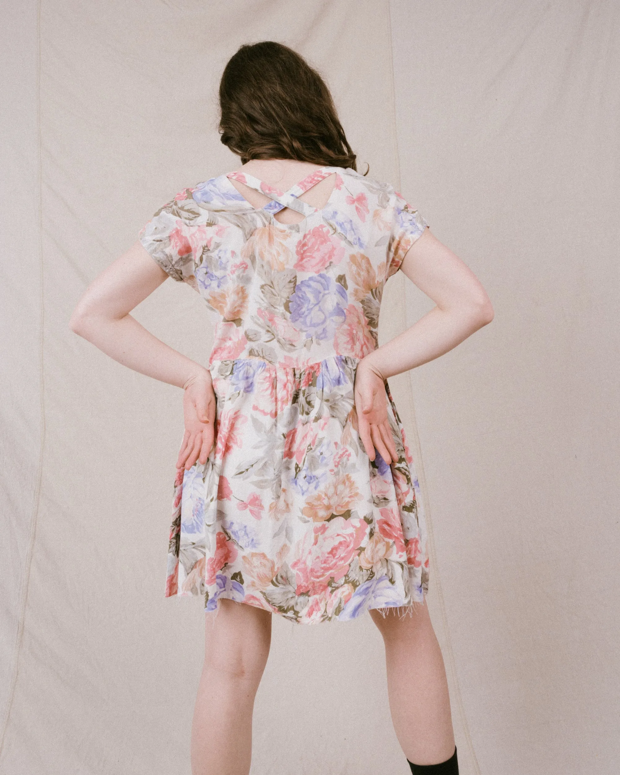 Vintage Pastel Floral Mini Dress (S/M)