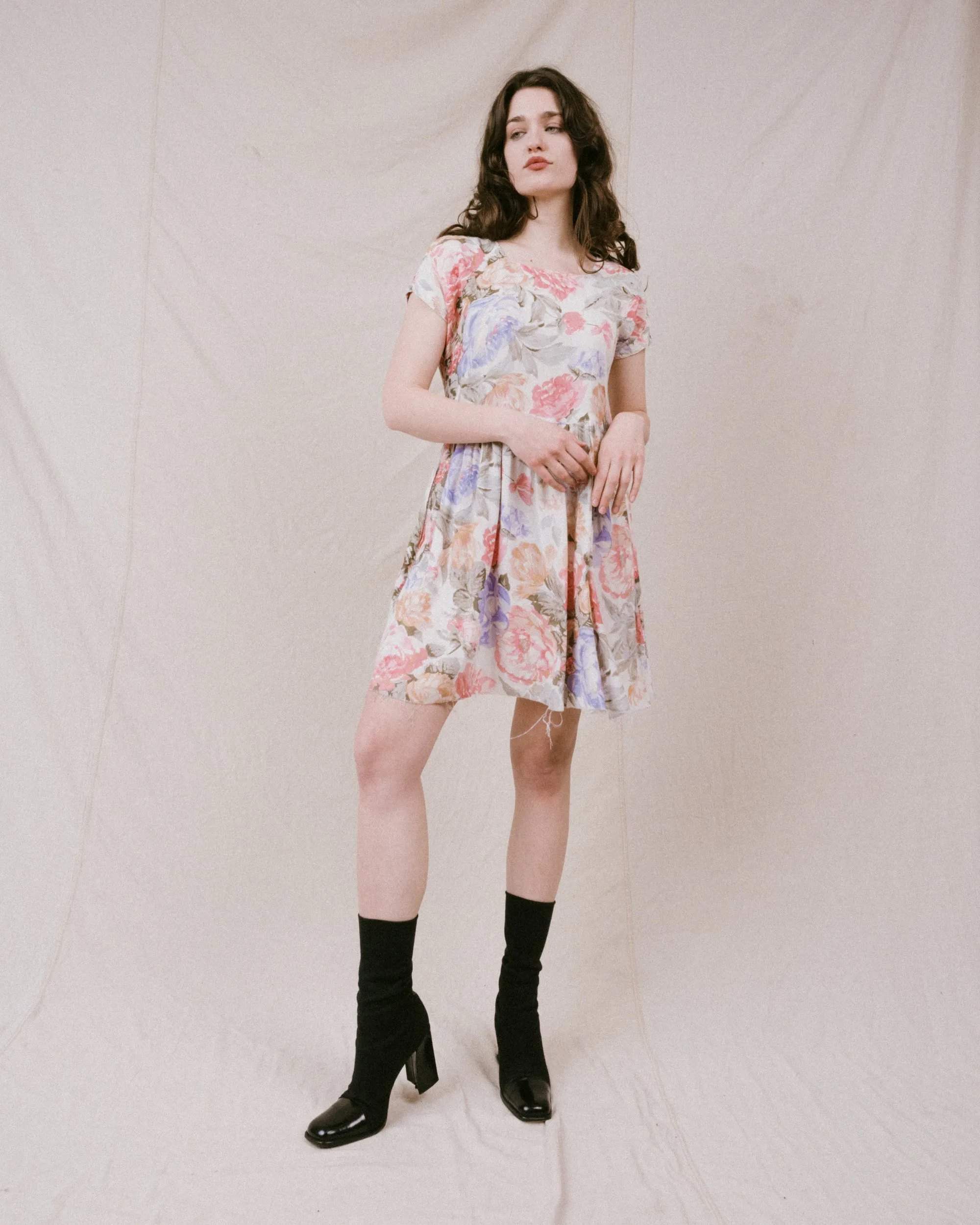 Vintage Pastel Floral Mini Dress (S/M)