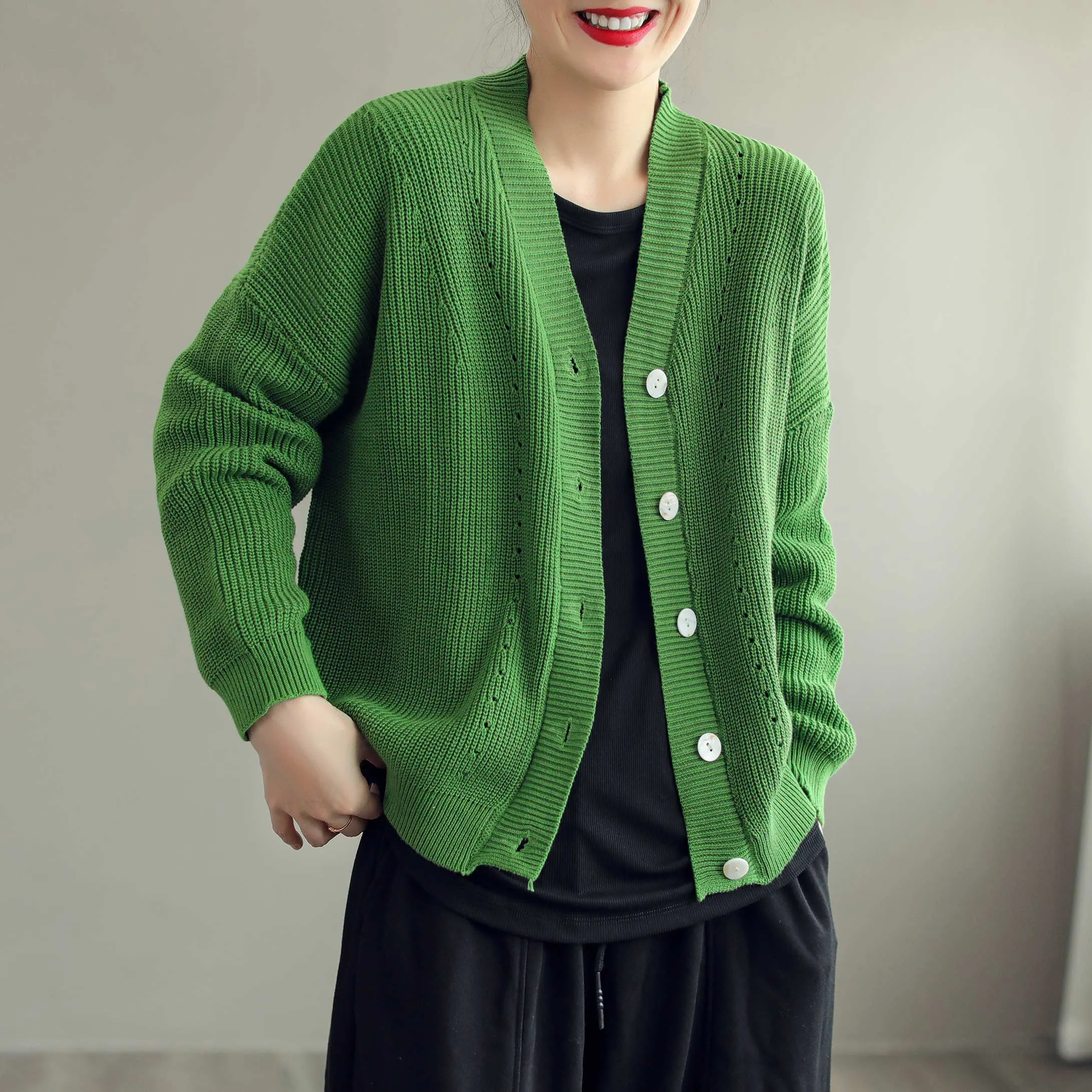 Women Casual Cotton Knitted Solid V-Neck Cardigan