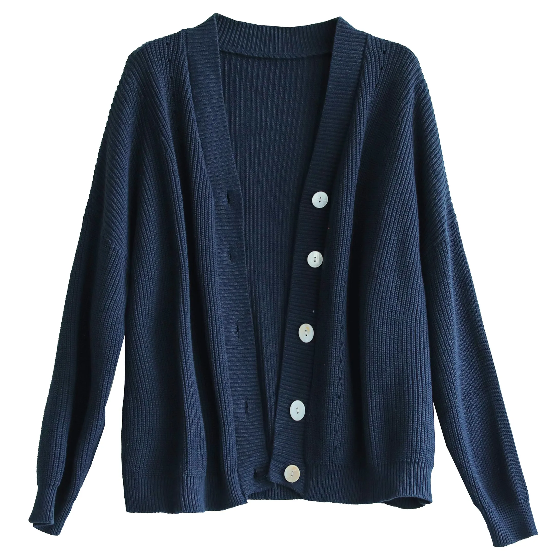 Women Casual Cotton Knitted Solid V-Neck Cardigan