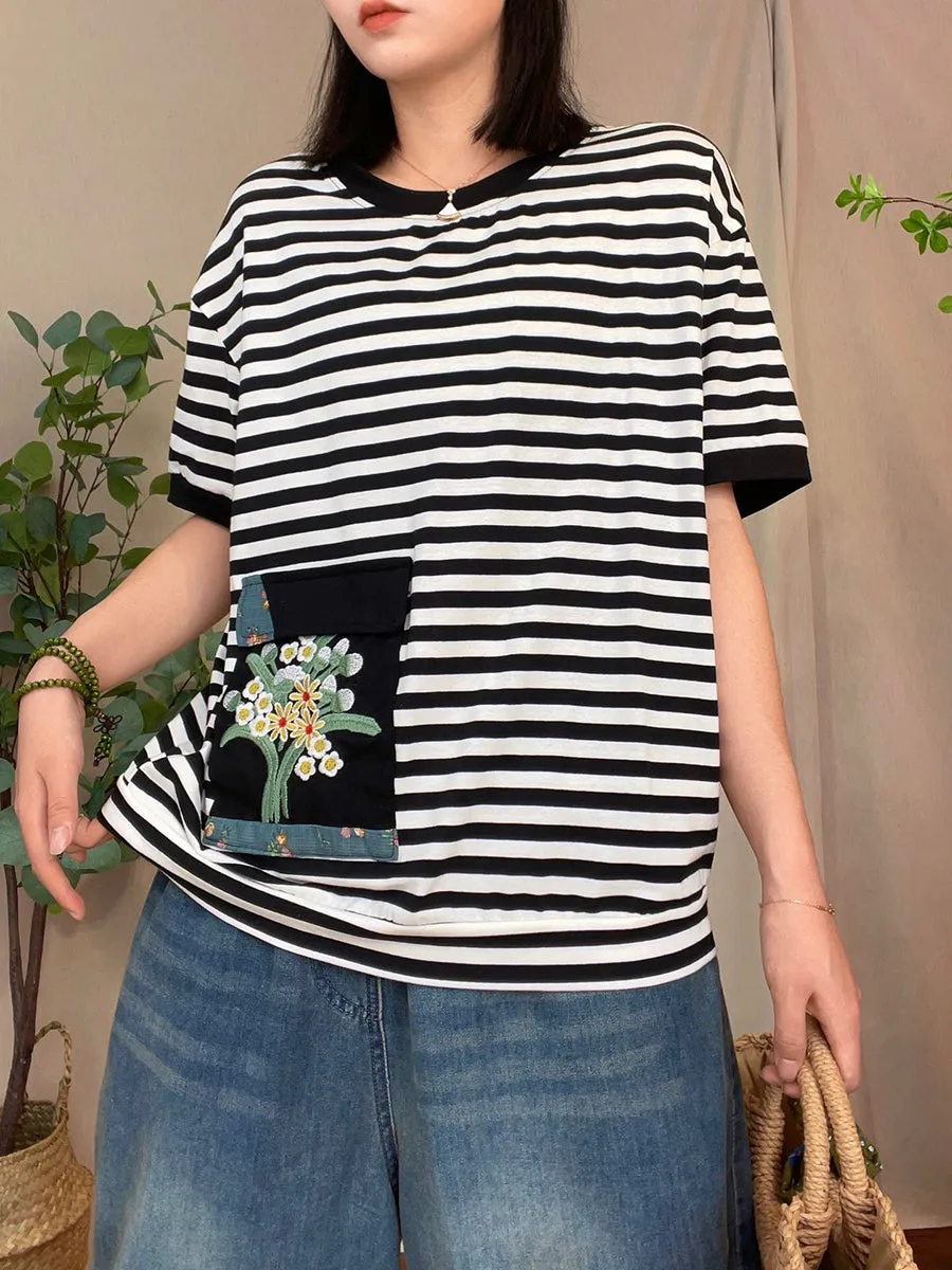 Women Casual Summer Stripe Patch Pocket Shirt