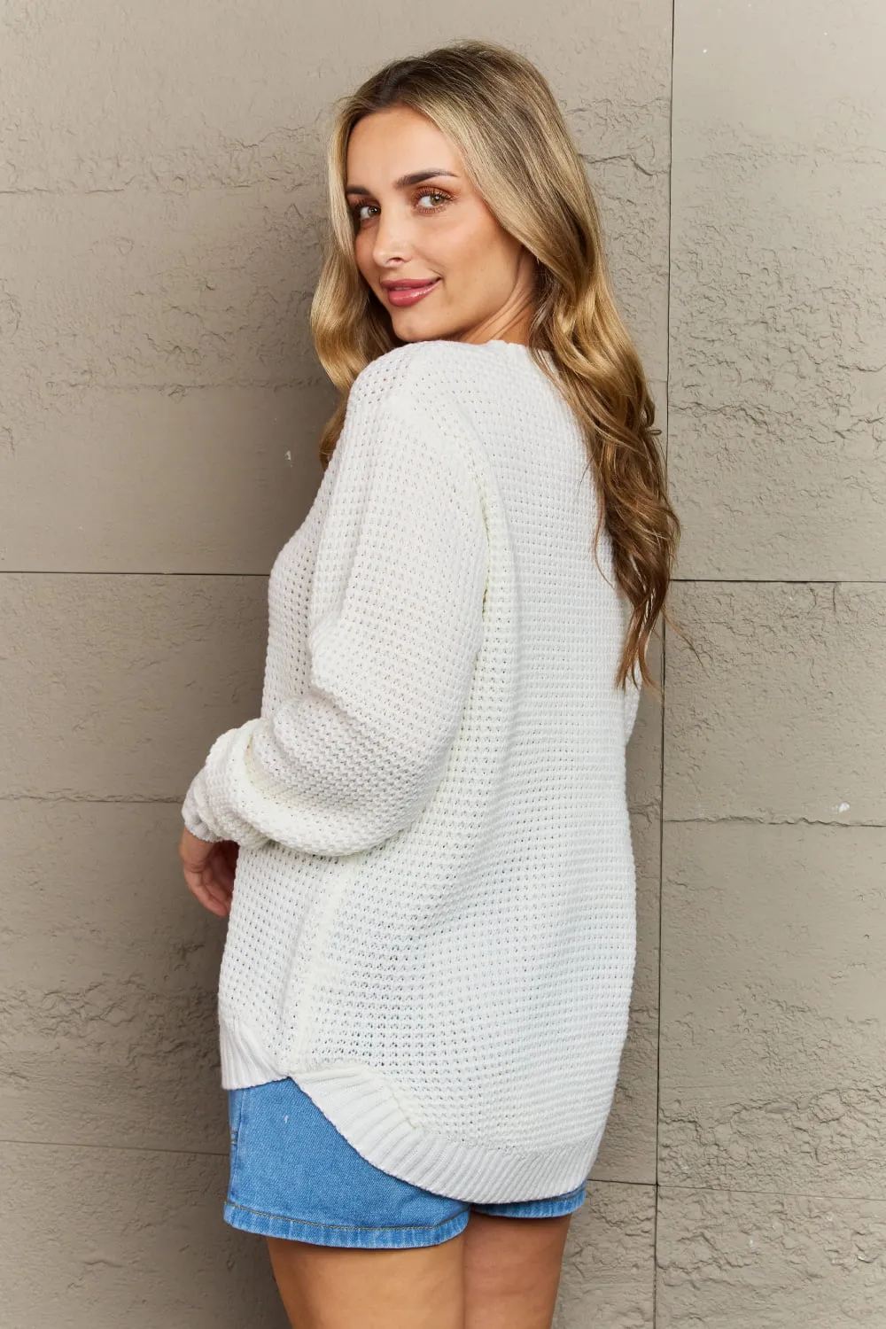 Zenana Cozy Season High Low Waffle Sweater Pullover in Ivory